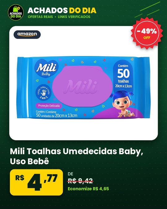 Mili Toalhas Umedecidas Baby, Uso Bebê, Com Aloe Vera E Calêndula, Dermatologicamente Testadas, 50 Unidades