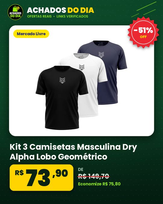 Kit 3 Camisetas Masculina Dry Alpha Lobo Geométrico