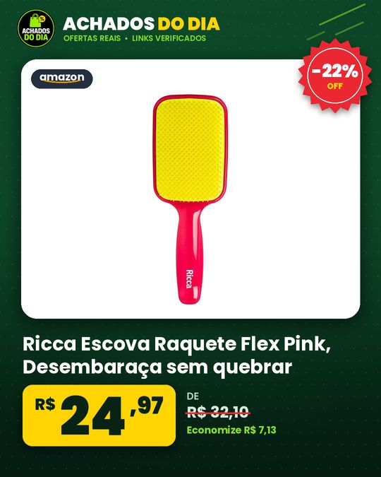 Ricca Escova Raquete Flex Pink, Desembaraça sem quebrar, para todos os tipos de cabelo, 1 unidade