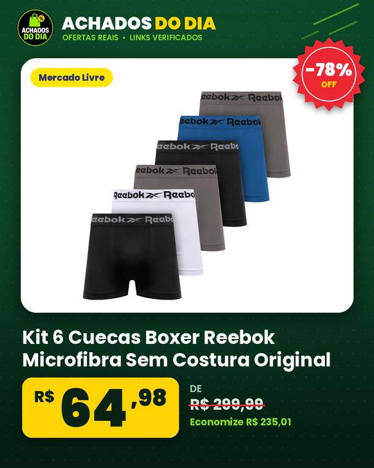 Kit 6 Cuecas Boxer Reebok Microfibra Sem Costura Original