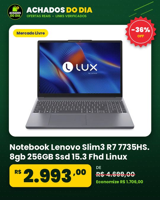 Notebook Lenovo Slim3 R7 7735HS. 8gb 256GB Ssd 15.3 Fhd Linux