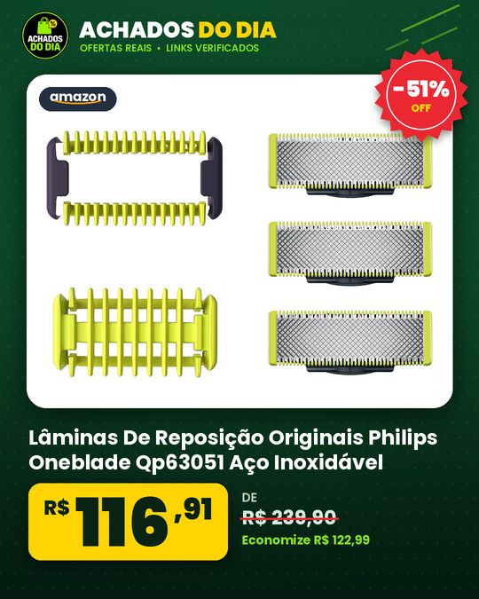 Lâminas De Reposição Originais Philips Oneblade Qp63051 Aço Inoxidável, Raspa, Apara E Contorna