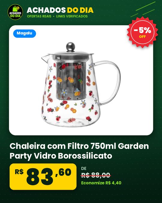 Chaleira com Filtro 750ml Garden Party Vidro Borossilicato Lyor para Chá Infusão Bebidas Aço Inox
