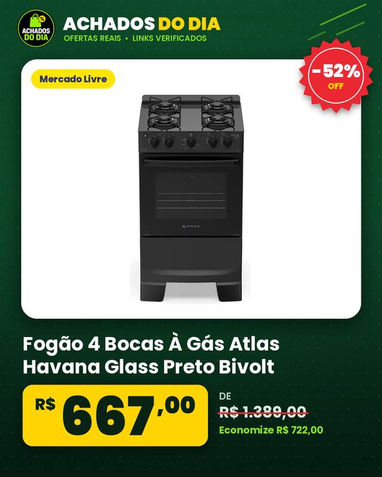 Fogão 4 Bocas À Gás Atlas Havana Glass Preto Bivolt