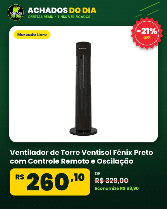 Ventilador de Torre Ventisol Fênix Preto com Controle Remoto e Oscilação