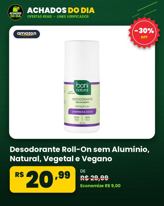 Desodorante Roll-On sem Alumínio, Natural, Vegetal e Vegano, Coco e Magnésio, com Perfume Suave de Lavanda