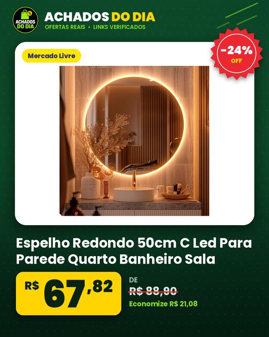 Espelho Redondo 50cm C Led Para Parede Quarto Banheiro Sala Moldura Redondo 50cm Led Quente