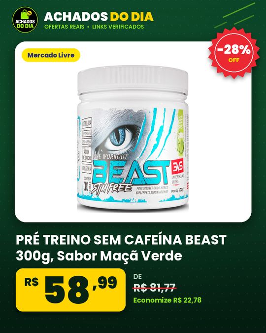 PRÉ TREINO SEM CAFEÍNA BEAST 300g, Sabor Maçã Verde, Fórmula Exclusiva com Citrulina, Beta Alanina, Creatina