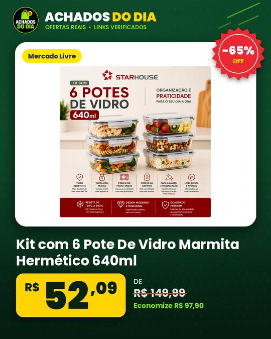 Kit com 6 Pote De Vidro Marmita Hermético 640ml