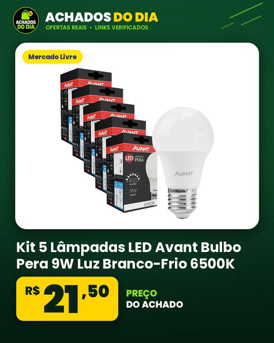 Kit 5 Lâmpadas LED Avant Bulbo Pera 9W Luz Branco-Frio 6500K