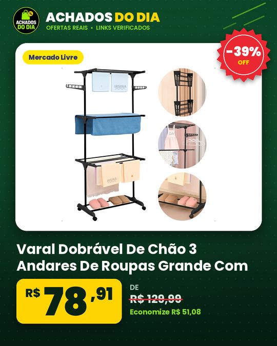 Varal Dobrável De Chão 3 Andares De Roupas Grande Com Rodinha Aba Lateral Retrátil Para Cabide Irsina