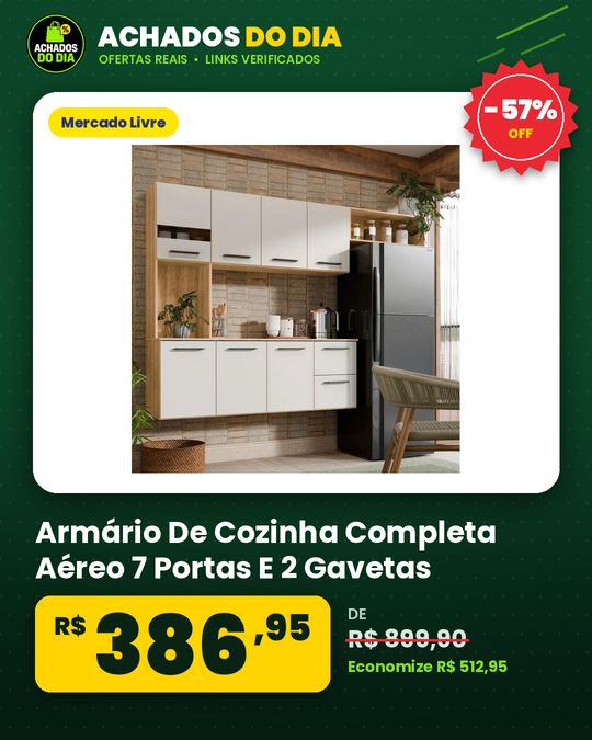 Armário De Cozinha Completa Aéreo 7 Portas E 2 Gavetas Planejada Suspenso Branco Off White Carvalho Nature Amadeirado Juliana