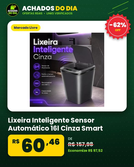 Lixeira Inteligente Sensor Automático 16l Cinza Smart Recarregável Para Banheiro E Cozinha