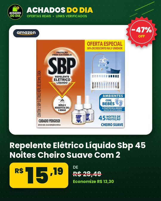 Repelente Elétrico Líquido Sbp 45 Noites Cheiro Suave Com 2 Unidades De 32.9ml