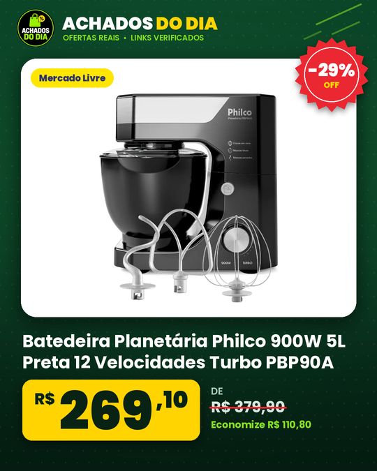 Batedeira Planetária Philco 900W 5L Preta 12 Velocidades Turbo PBP90A