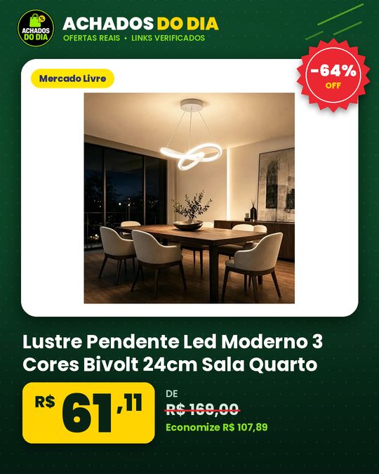 Lustre Pendente Led Moderno 3 Cores Bivolt 24cm Sala Quarto
