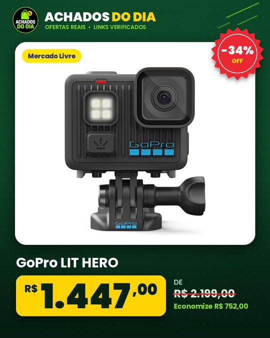 GoPro LIT HERO - Câmera de Ação Compacta à Prova d'água com Luz Integrada Vídeo 4K60 Ultra HD Foto de 12 MP
