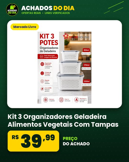 Kit 3 Organizadores Geladeira Alimentos Vegetais Com Tampas