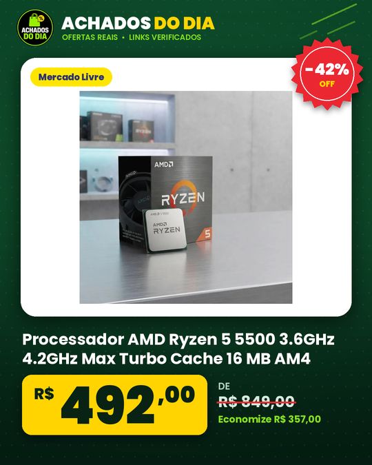 Processador AMD Ryzen 5 5500 3.6GHz 4.2GHz Max Turbo Cache 16 MB AM4