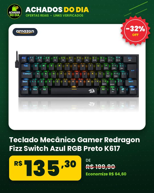 Teclado Mecânico Gamer Redragon Fizz Switch Azul RGB Preto K617
