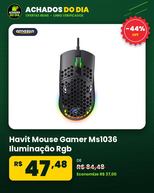 Havit Mouse Gamer Ms1036 Iluminação Rgb, Programação De Macros, 7 Botões, 1200-1600-2400-4800-6400-7200 Dpi