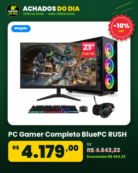 PC Gamer Completo BluePC RUSH, AMD Ryzen 5 5500 16GB DDR4 Radeon RX 580 8GB SSD 512GB Monitor 23" 75Hz Full HD