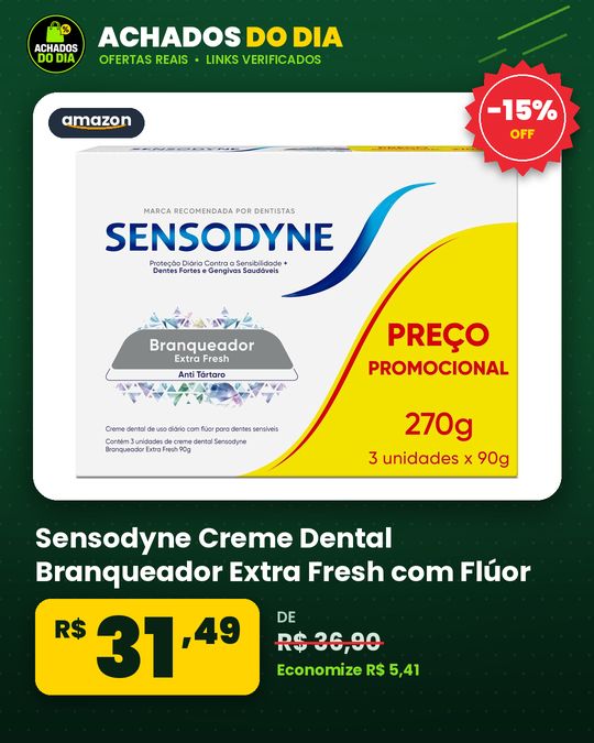 Sensodyne Creme Dental Branqueador Extra Fresh com Flúor, Leve 3 e Pague 2, Anti Tártaro, Contra Sensibilidade