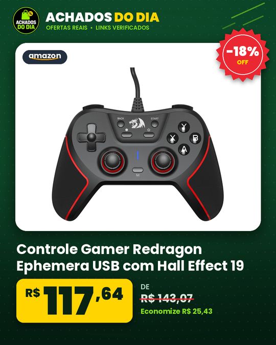 Controle Gamer Redragon Ephemera USB com Hall Effect 19 Botões Vibração Dupla X-Input e D-Input Preto e Vermelho