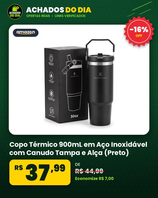 Copo Térmico 900mL em Aço Inoxidável com Canudo Tampa e Alça (Preto)