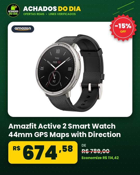 Amazfit Active 2 Smart Watch 44mm GPS Maps with Direction Fitness Tracker 10 Day Battery 160+ Sport Modes (Black Lea