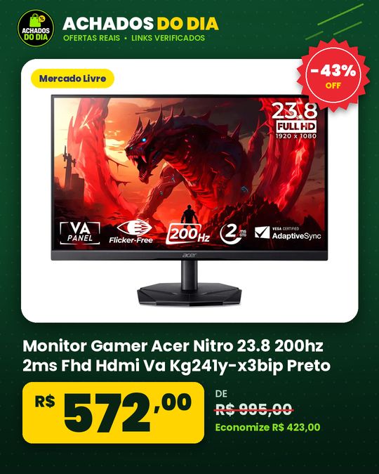 Monitor Gamer Acer Nitro 23.8 200hz 2ms Fhd Hdmi Va Kg241y-x3bip Preto