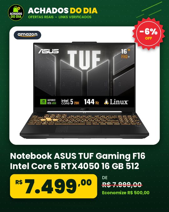 Notebook ASUS TUF Gaming F16 Intel Core 5 RTX4050 16 GB 512 GB KeepOSLinux Tela 16" LCD LED Mecha Gray