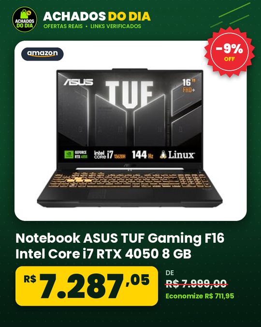 Notebook ASUS TUF Gaming F16 Intel Core i7 RTX 4050 8 GB 512 GB SSD KeepOSLinux 16.0'' FHD Mecha Gray