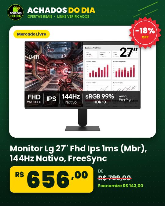 Monitor Lg 27" Fhd Ips 1ms (Mbr), 144Hz Nativo, FreeSync, Hdr10, sRGB, Modo leitura, Flicker Safe, Hdmi
