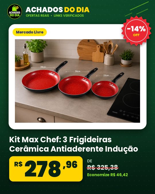 Kit Max Chef: 3 Frigideiras Cerâmica Antiaderente Indução 22cm + 26cm + 28cm Preto-vermelho