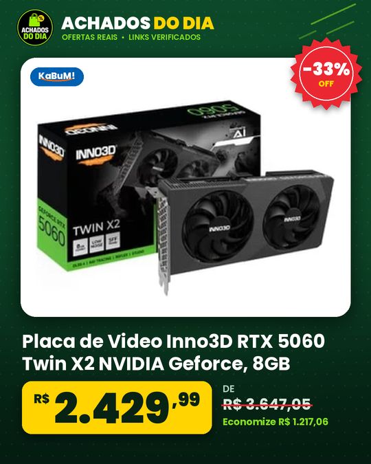 Placa de Video Inno3D RTX 5060 Twin X2 NVIDIA Geforce, 8GB, 128bits, 2497MHz, FP4 e DLSS 4, Ray Tracing
