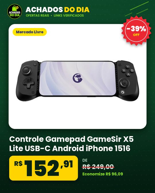 Controle Gamepad GameSir X5 Lite USB-C Android iPhone 1516 Mobile Hall Effect Turbo Leve Preto