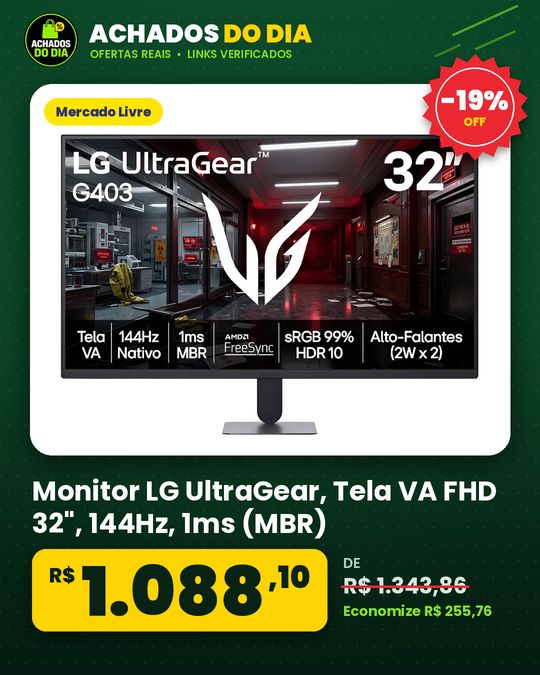 Monitor LG UltraGear, Tela VA FHD 32", 144Hz, 1ms (MBR), Preto 127220V