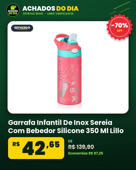 Garrafa Infantil De Inox Sereia Com Bebedor Silicone 350 Ml Lillo
