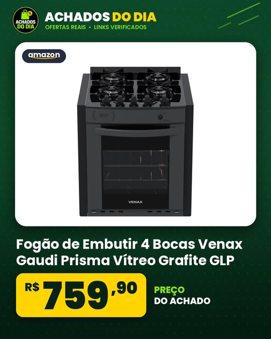 Fogao de Embutir 4 Bocas Venax Gaudi Prisma Vitreo Bl Grafite Gas Glp