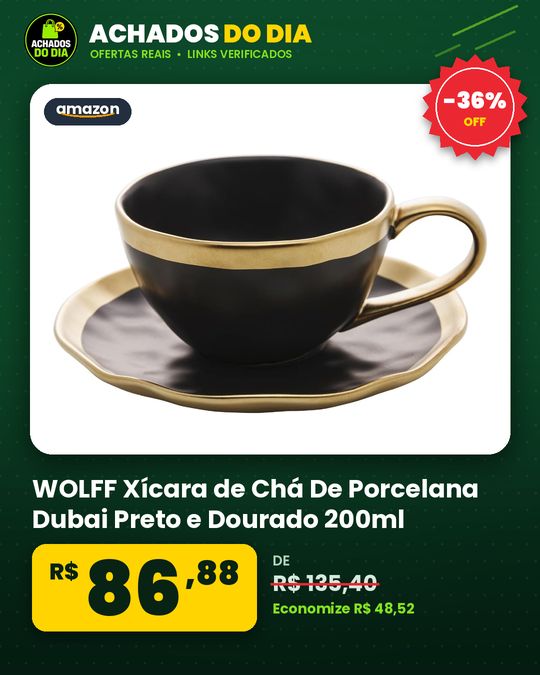 WOLFF - Xícara de Chá De Porcelana Dubai Preto e Dourado 200ml