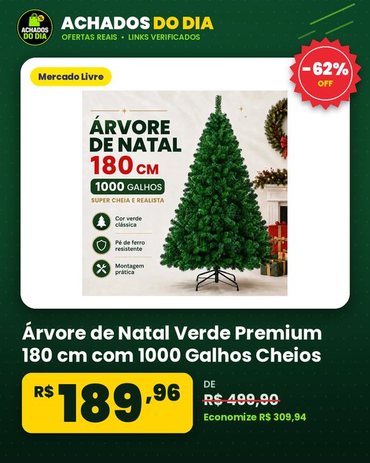 Árvore de Natal Verde Premium 180 cm com 1000 Galhos Cheios e Pé de Ferro Atelier Enovelada