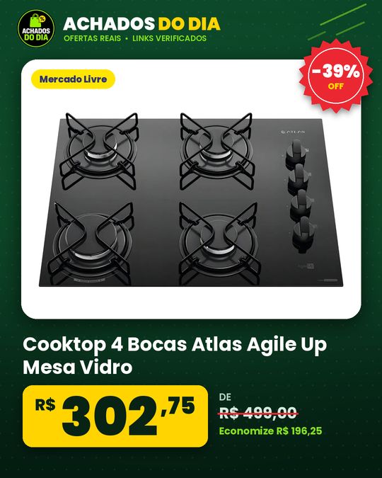 Cooktop 4 Bocas Atlas Agile Up Mesa Vidro