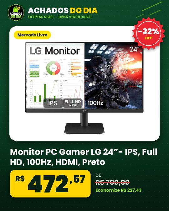 Monitor PC Gamer LG 24”- IPS, Full HD, 100Hz, HDMI, Preto - 24MS500-B