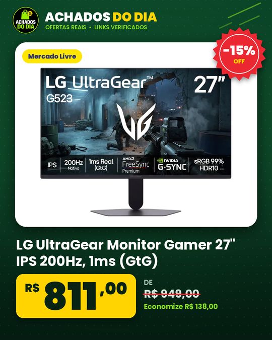 LG UltraGear Monitor Gamer 27" IPS 200Hz, 1ms (GtG), Full HD (1920x1080), HDR10, NVIDIA G-SYNC AMD