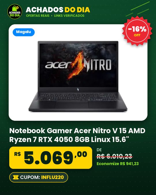 Notebook Gamer Acer Nitro V 15 AMD Ryzen 7 RTX 4050 8GB Linux 15.6"