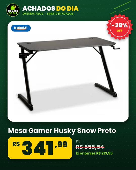 Mesa Gamer Husky Snow Preto, Superfície em Fibra de Carbono Suporte para Headset e Copo Resistente à Umidade