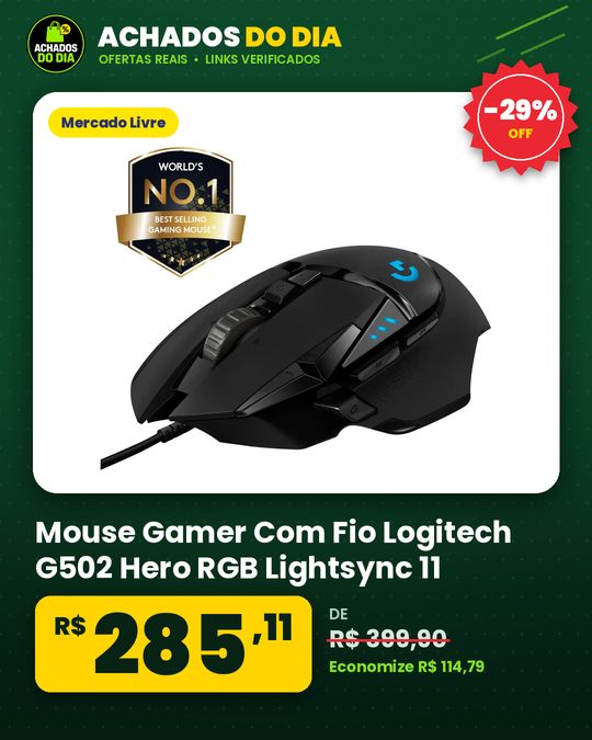 Mouse Gamer Com Fio Logitech G502 Hero RGB Lightsync 11 Botões Programáveis Sensor Hero 25k Ajustes De Peso Preto