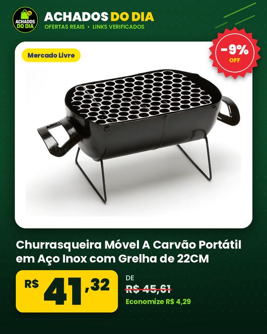 Churrasqueira Móvel A Carvão Portátil em Aço Inox com Grelha de 22CM