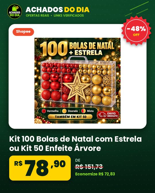 Kit 100 Bolas de Natal com Estrela ou Kit 50 Enfeite Árvore Vermelha Dourada Mista Fosca Glitter